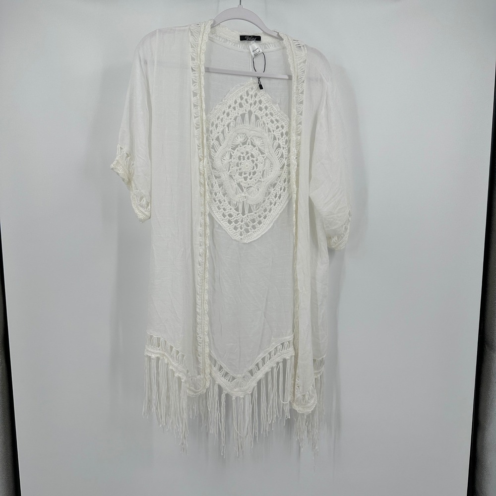 Womens Boho Crochet Kimono Size L Festival Beach Fringe Coastal Resort Coverup
